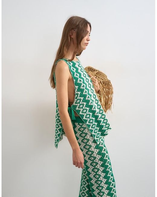 TOPSHOP Green Knitted Patterned Crochet Look Co-Ord Shirt
