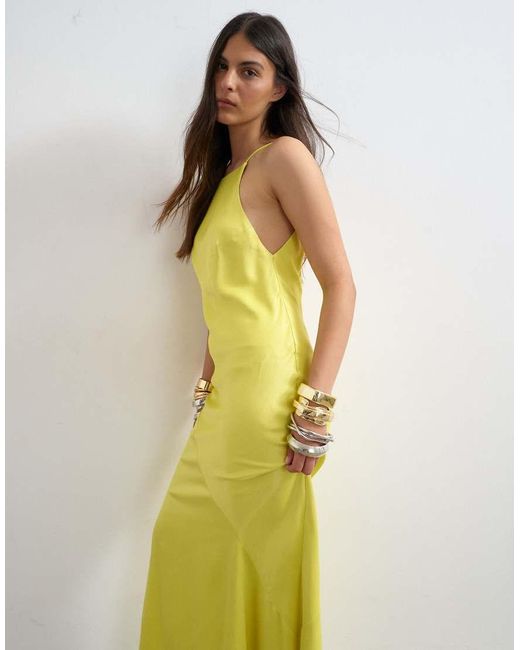 TOPSHOP Green Satin Bias Halter Neck Open Scoop Back Maxi Dress