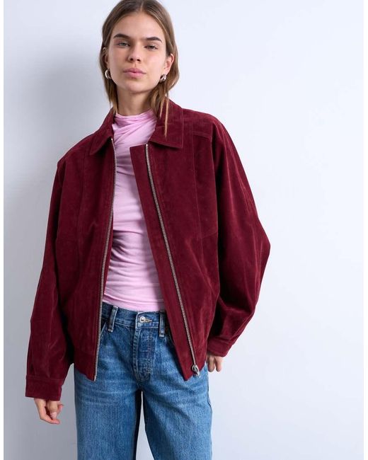 TOPSHOP Red Faux Suede Zip Through Seam Detail Jacket