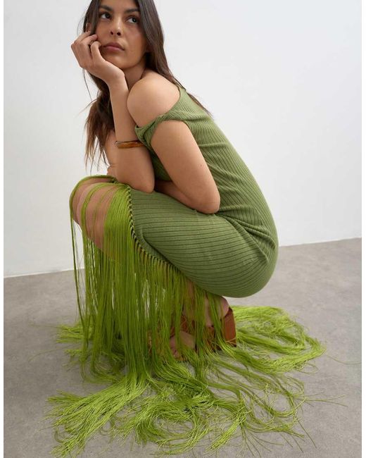 TOPSHOP Green Knitted Ribbed Tassel Maxi Dress