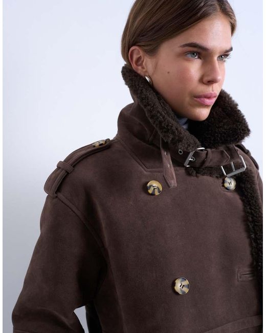 TOPSHOP White Longline Aviator Jacket With Faux Shearling