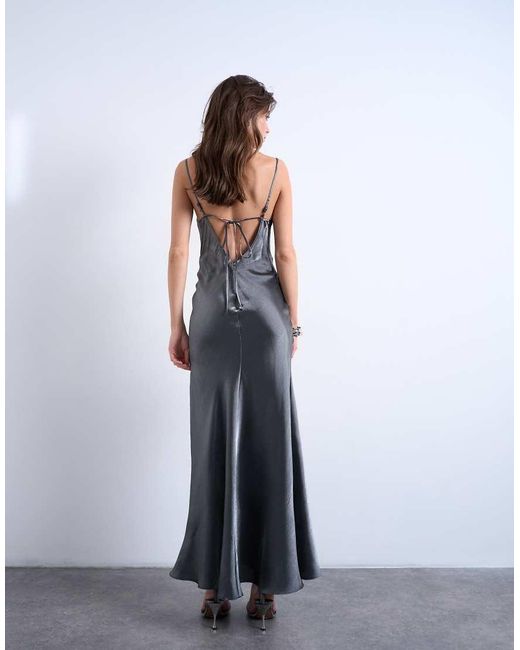TOPSHOP Blue Halter Tie Neck Liquid Metallic Maxi Slip Dress