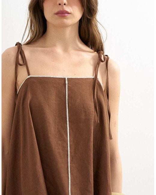 TOPSHOP Brown Co-Ord Linen Rich Cami Top With Ecru Contrast Piping