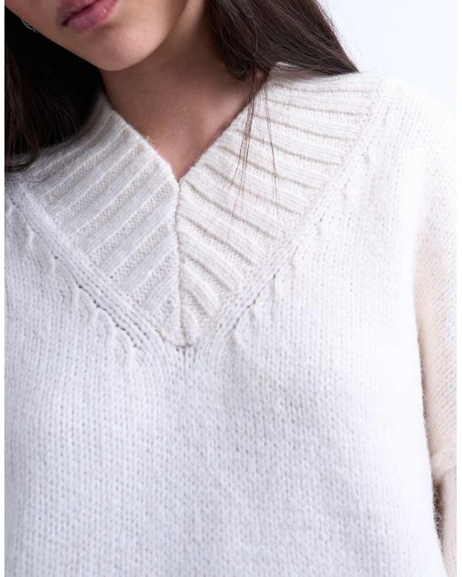 TOPSHOP White Knitted High V-neck Mini Oversized Jumper Dress