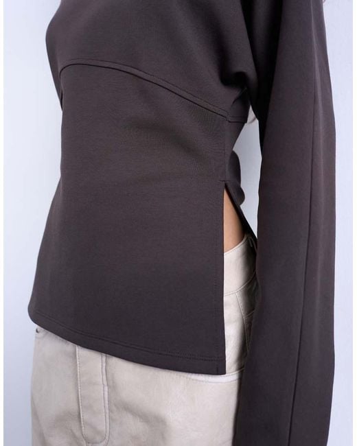 TOPSHOP Black Interlock Cinch Waist Long Sleeve Funnel Neck Top