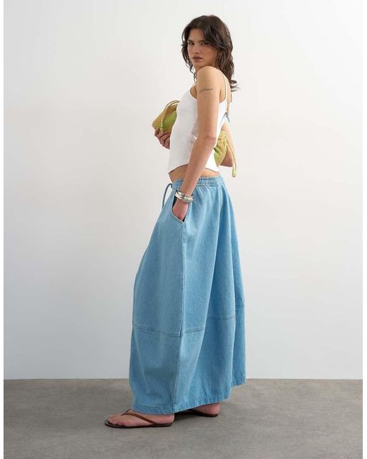 TOPSHOP Blue Denim Pull On Barrel Maxi Skirt