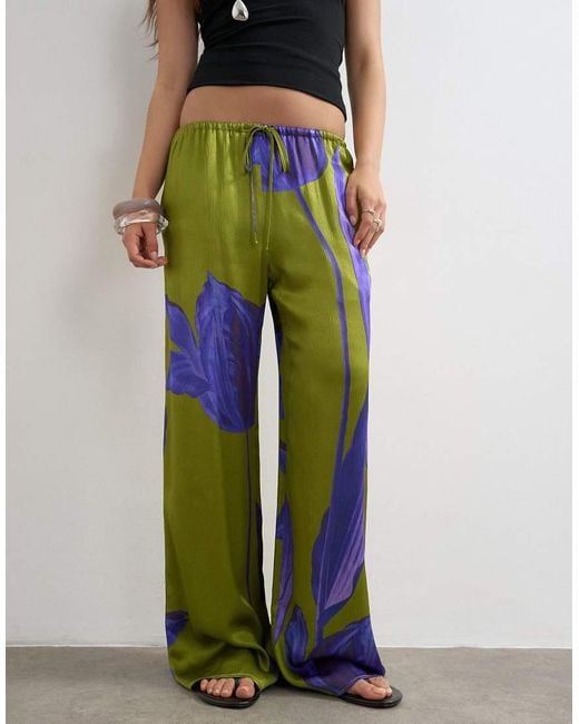 TOPSHOP Purple Satin Tie Waist Wide Leg Trouser