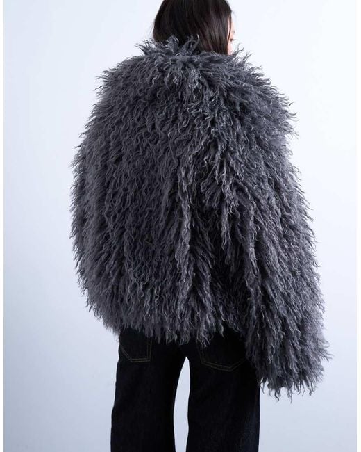 TOPSHOP Blue Faux Mongolian Fur Bomber Coat