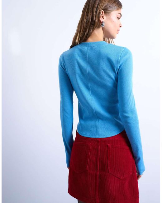 TOPSHOP Blue Rib Long Sleeve Curved Hem Top