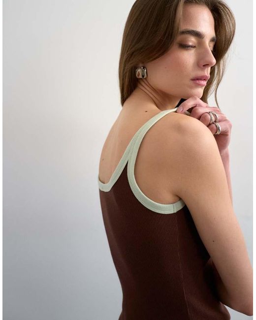 TOPSHOP Brown Contrast Rib Scoop Skinny Strap Vest