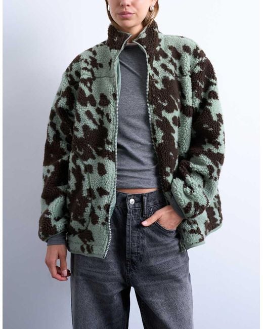 TOPSHOP Black Brown And Teal Cow Print Borg Fleece Jacket With Contrast Teal Binding