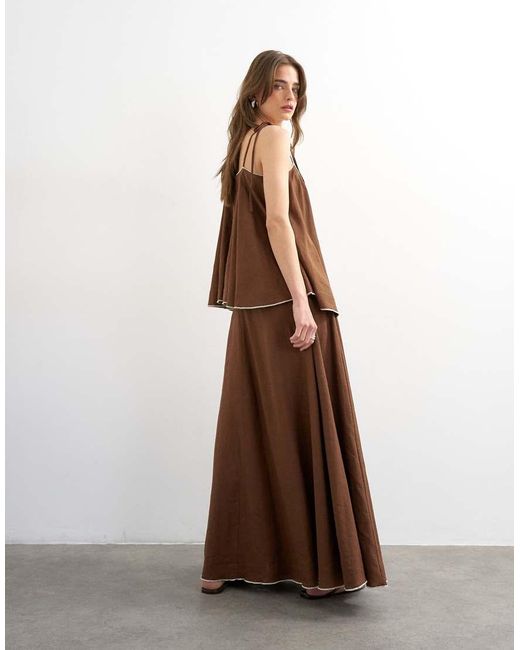 TOPSHOP Brown Linen Rich Maxi Skirt With Contrast Piping