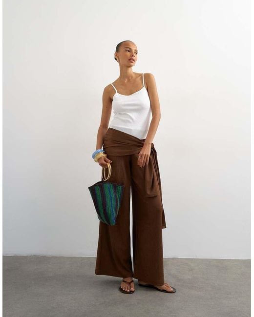 TOPSHOP Brown Plisse Wrap Scarf Detail Trousers