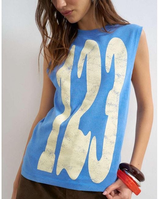 TOPSHOP Blue '123' Sleeveless Tank Top