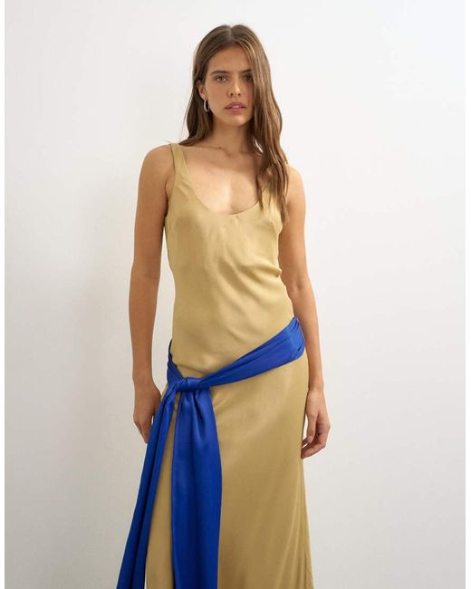TOPSHOP Blue Satin Dropped Waist Maxi Dress With Contrast Tie Belt