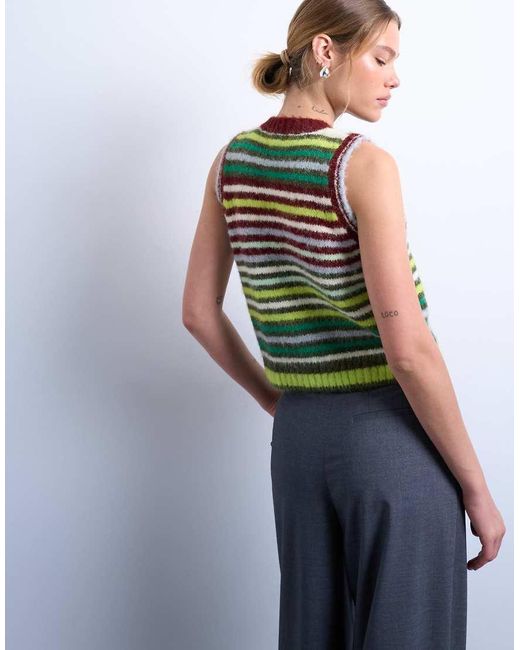 TOPSHOP Green Knitted Multi Stripe Vest