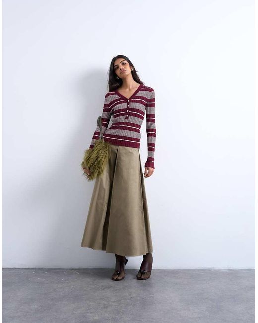 TOPSHOP Purple Knitted V Neck Striped Long Sleeve Top