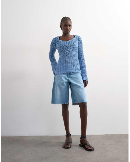 TOPSHOP Blue Knit Open Stitch Long Sleeve Top