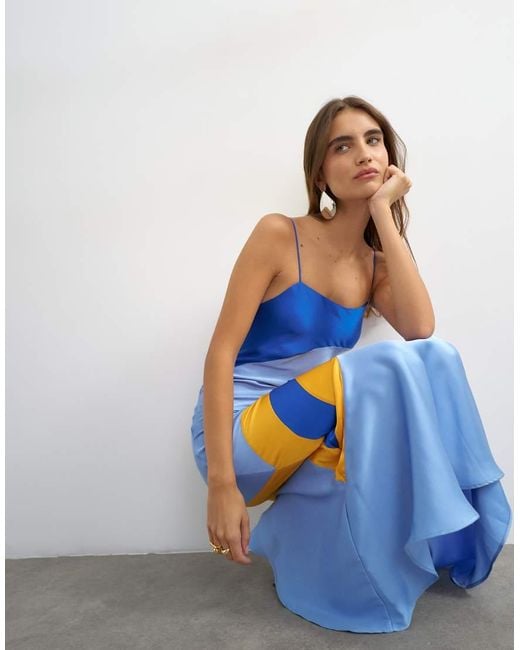 TOPSHOP Blue Contrast Cut About Maxi Satin Dress