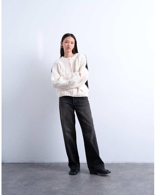 TOPSHOP White Knitted Premium Chunky Cable Colour Block Cardigan