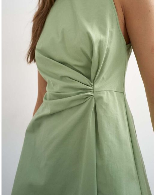 TOPSHOP Green Cotton Twill Racer Neck Maxi Dress With Tuck Side Detail