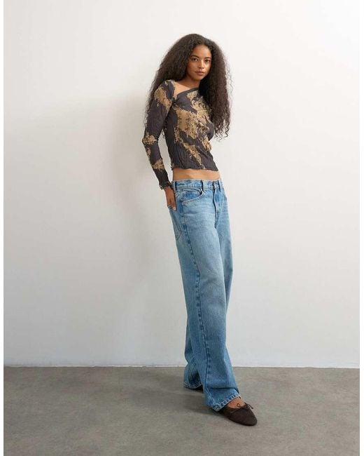 TOPSHOP Gray Crinkle Mesh Print Asymmetric Neck Long Sleeve Top