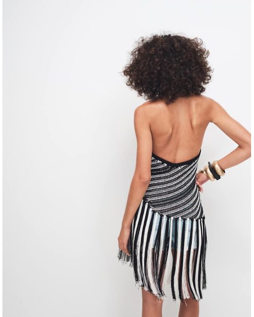 TOPSHOP Blue Knitted Stripe Halterneck Longline Fringing Tunic