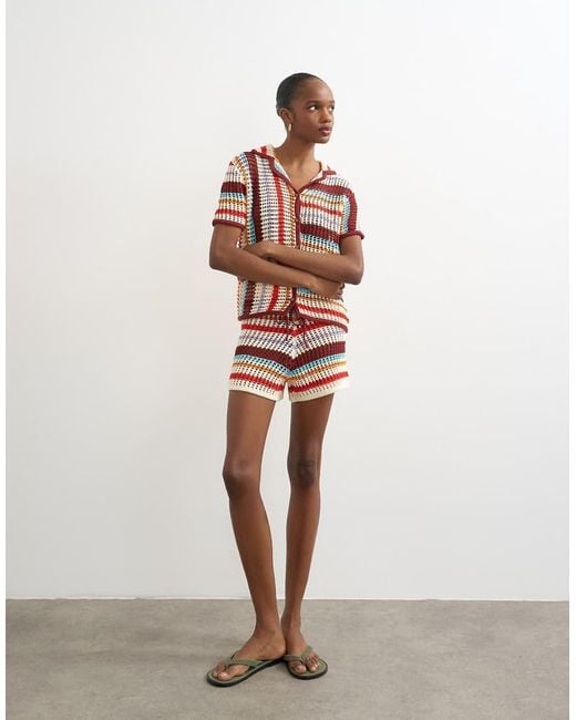 TOPSHOP Brown Knitted Crochet Stripe Co-Ord Shirt