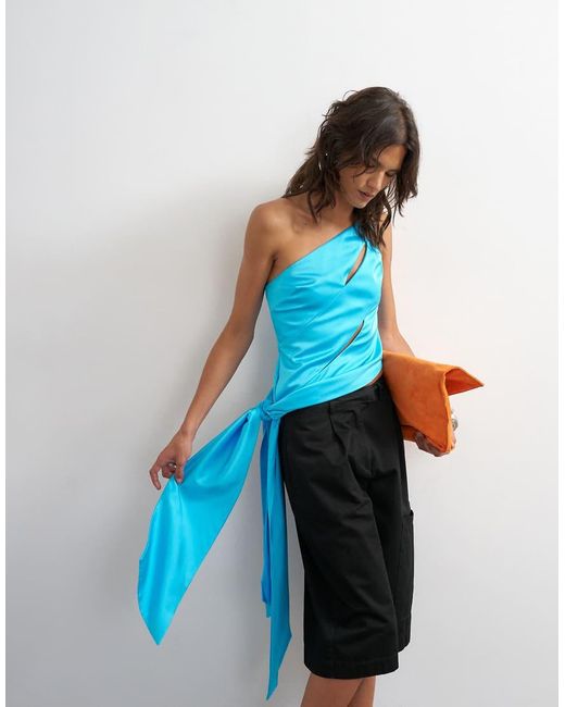 TOPSHOP Blue Slash Tie Detailing Satin Top