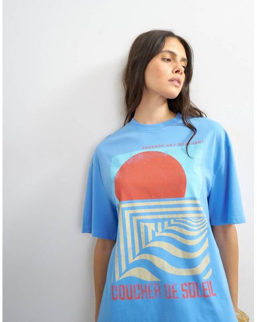 TOPSHOP Blue 'Coucher De Soleil' Graphic Oversized Tee