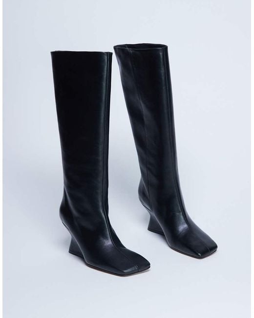 TOPSHOP Blue Selma Premium Leather Knee High Wedge Boot