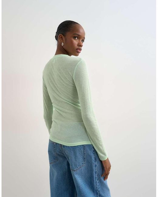 TOPSHOP Green Premium Sheer Rib Scoop Neck Long Sleeve Top