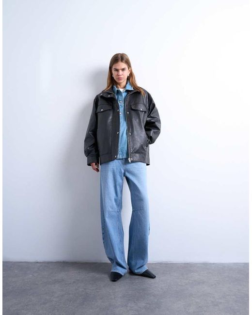 TOPSHOP Blue Leather Look Oversized Funnel Neck Zip Through Jacket