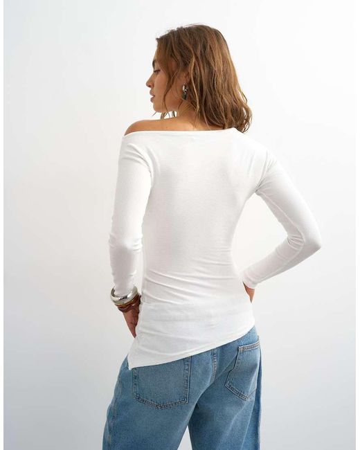 TOPSHOP White Rib Asymmetric Off The Shoulder Long Sleeve Top