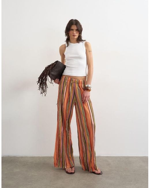 TOPSHOP Brown Stripe Crinkle Tie Waist Wide Leg Trousers