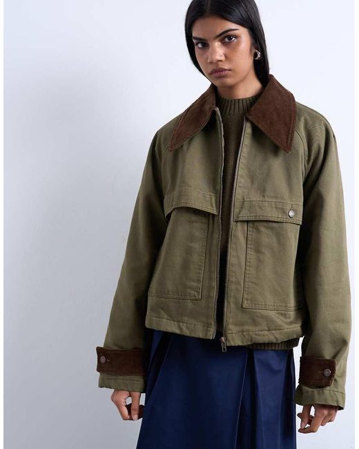 TOPSHOP White Denim Padded Barn Jacket With Contrast Cord Collar