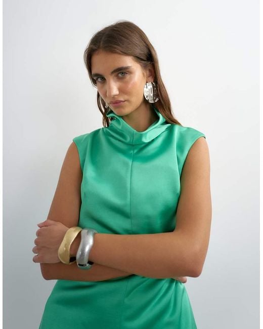 TOPSHOP Green Satin Funnel Neck Barrel Mini Dress