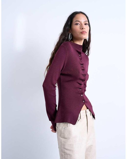 TOPSHOP Purple Knit Ruffled Button Front Long Sleeve Top