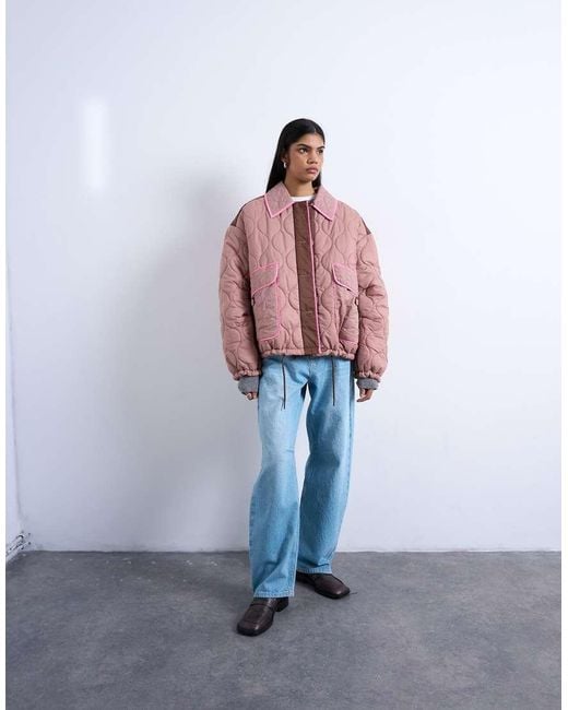 TOPSHOP Purple Patchwork Quilted Shacket With Contrast Piping