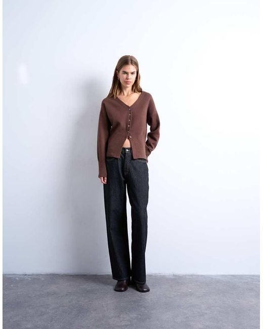 TOPSHOP Brown Knitted V Neck Longline Clean Cinch Waist Cardigan