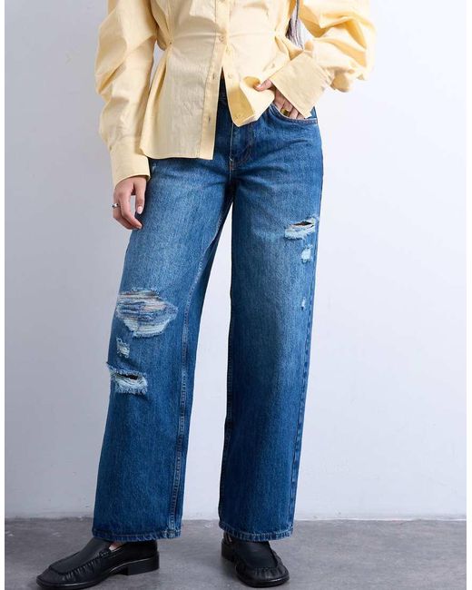 TOPSHOP Blue Mid Rise Cinch Jean With Knee Rip