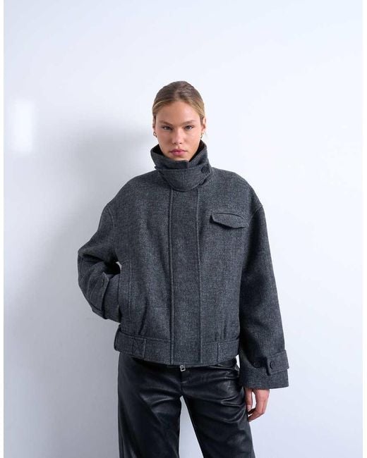 TOPSHOP Blue Wool Blend Bomber Jacket With Tab Detail