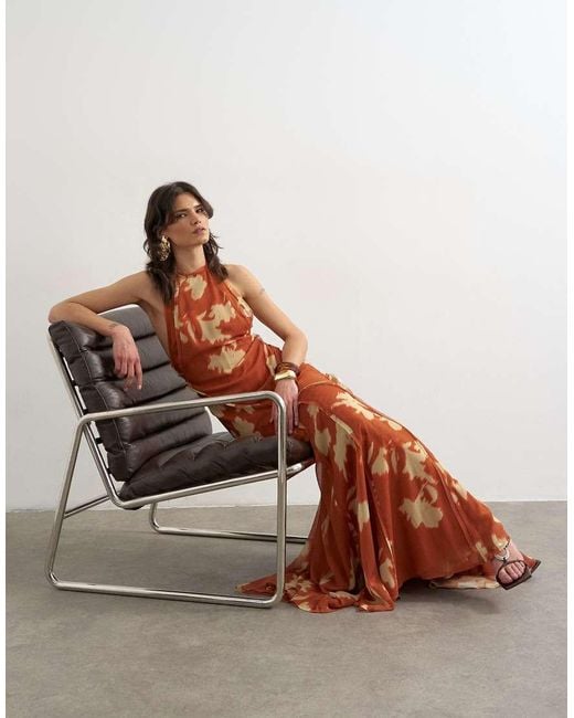 TOPSHOP Brown Premium High Neck Open Back Maxi Dress