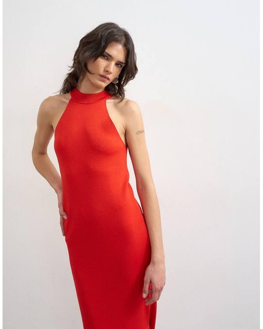 TOPSHOP Red Knitted Halter Neck Dress