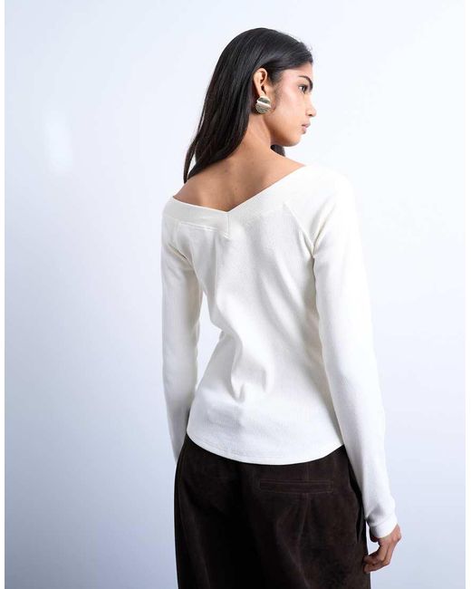 TOPSHOP White Rib Raglan V-neck Long Sleeve Top