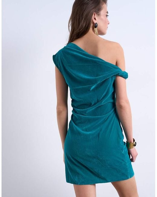 TOPSHOP Blue Grown On Twist Shoulder Velvet Mini Dress