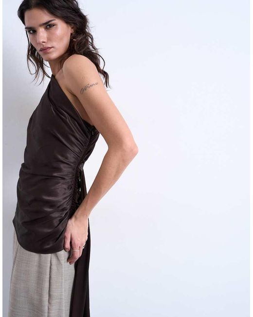 TOPSHOP Brown One Shoulder Top With Drape Back
