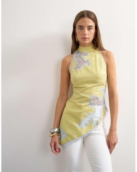 TOPSHOP Green Premium Halter Neck Top With Contrast Lace Detail