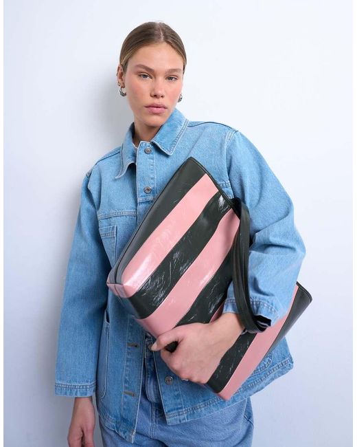 TOPSHOP Blue Stevie Large Striped Faux Leather Tote Bag