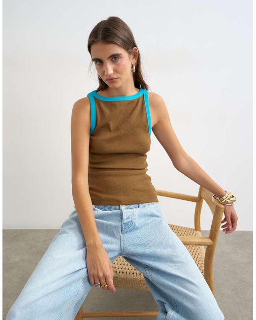 TOPSHOP White Teal Tipping Slash Neck Racer Vest
